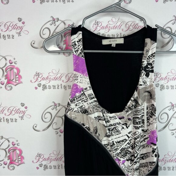 Ae city tank top newspaper print news Black and Purple Graphic Dress with Zipper - Picture 6 of 11